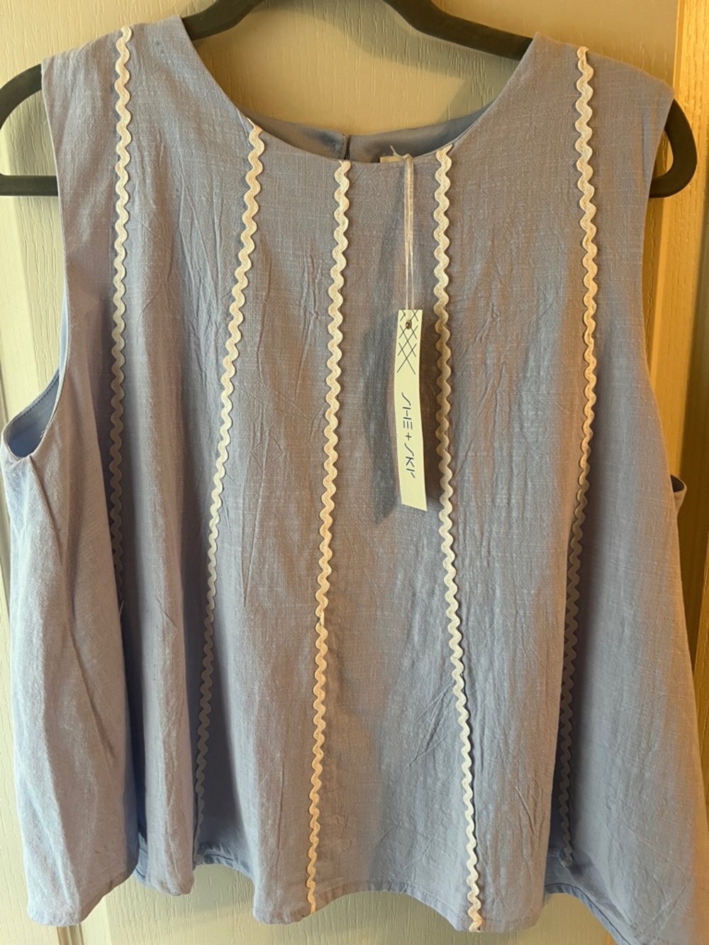 She + Sky light Blue  Sleeveless Tank with White Ric-Rac Trim